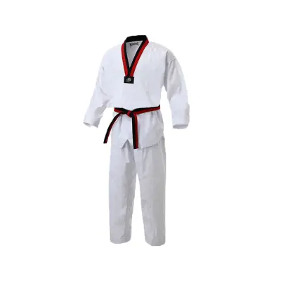 Professional Taekwondo Uniform KON-2503 – V-Neck Blended Fabric Gi with Red/Black Contrast Trim | Uniforme de Taekwondo Professionnel (Col en V avec Bordure Contrastée)