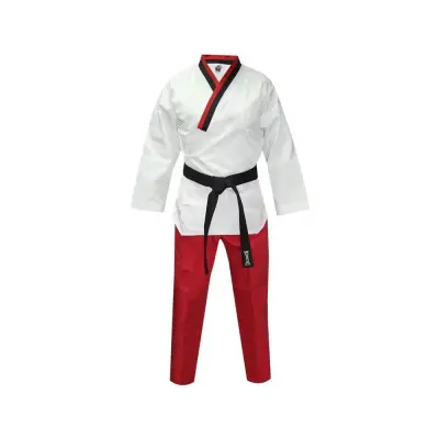 Professional Taekwondo Uniform KON-2503 – V-Neck Blended Fabric Gi with Red/Black Contrast Trim | Uniforme de Taekwondo Professionnel (Col en V avec Bordure Contrastée)